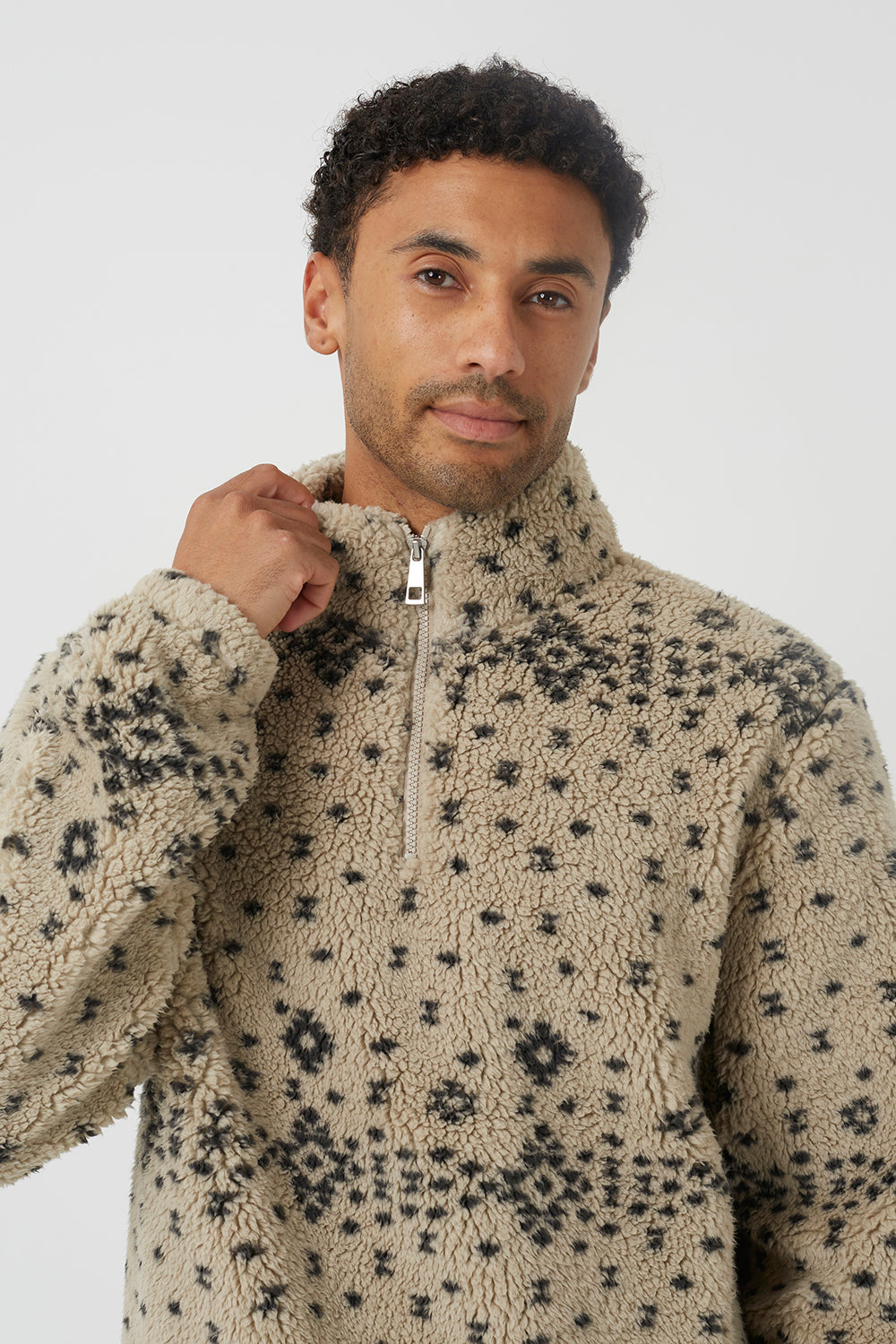 Brave Soul Beige Patterned Quarter Zip Borg Fleece - Beige Image 4