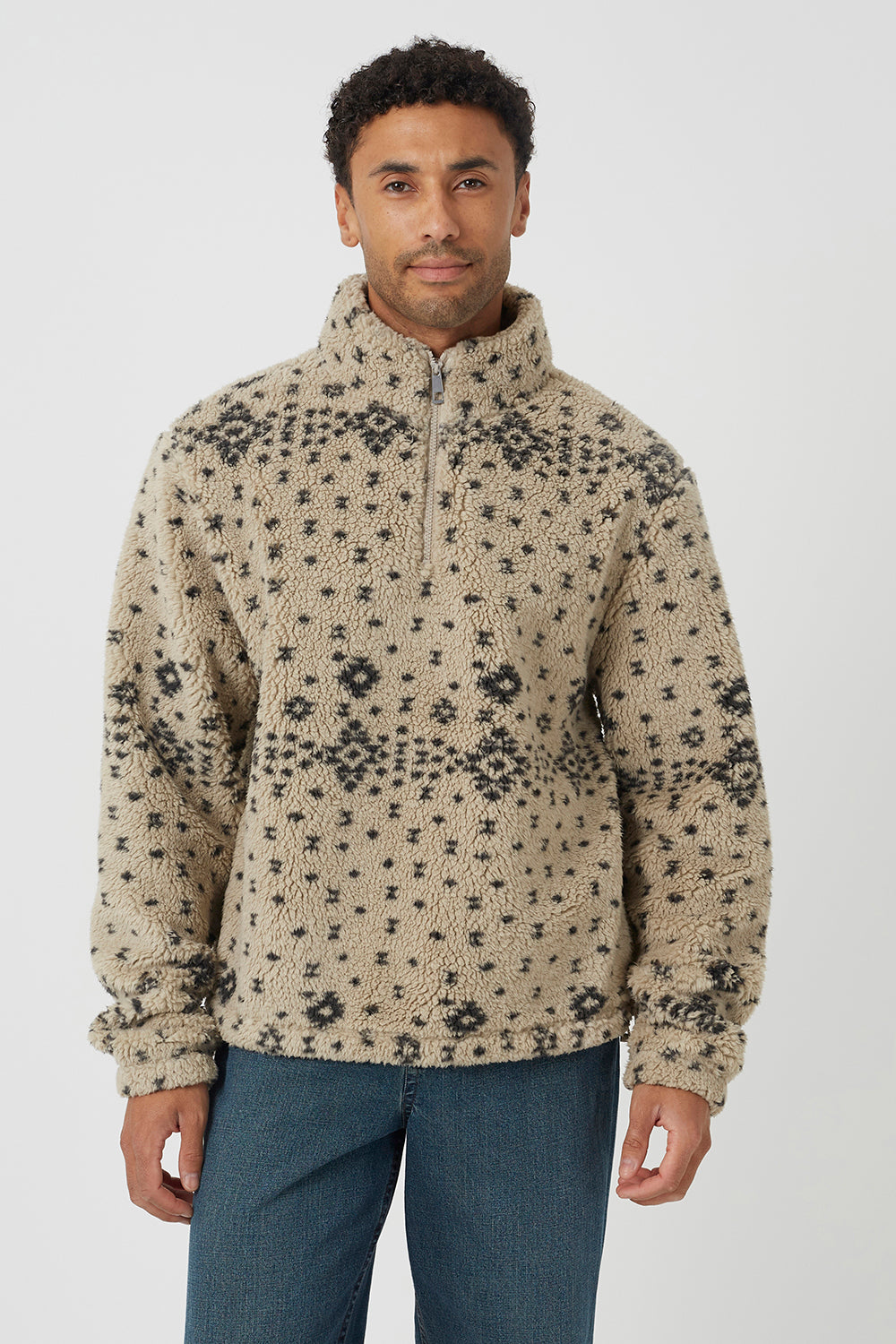 Brave Soul Beige Patterned Quarter Zip Borg Fleece - Beige Image 1