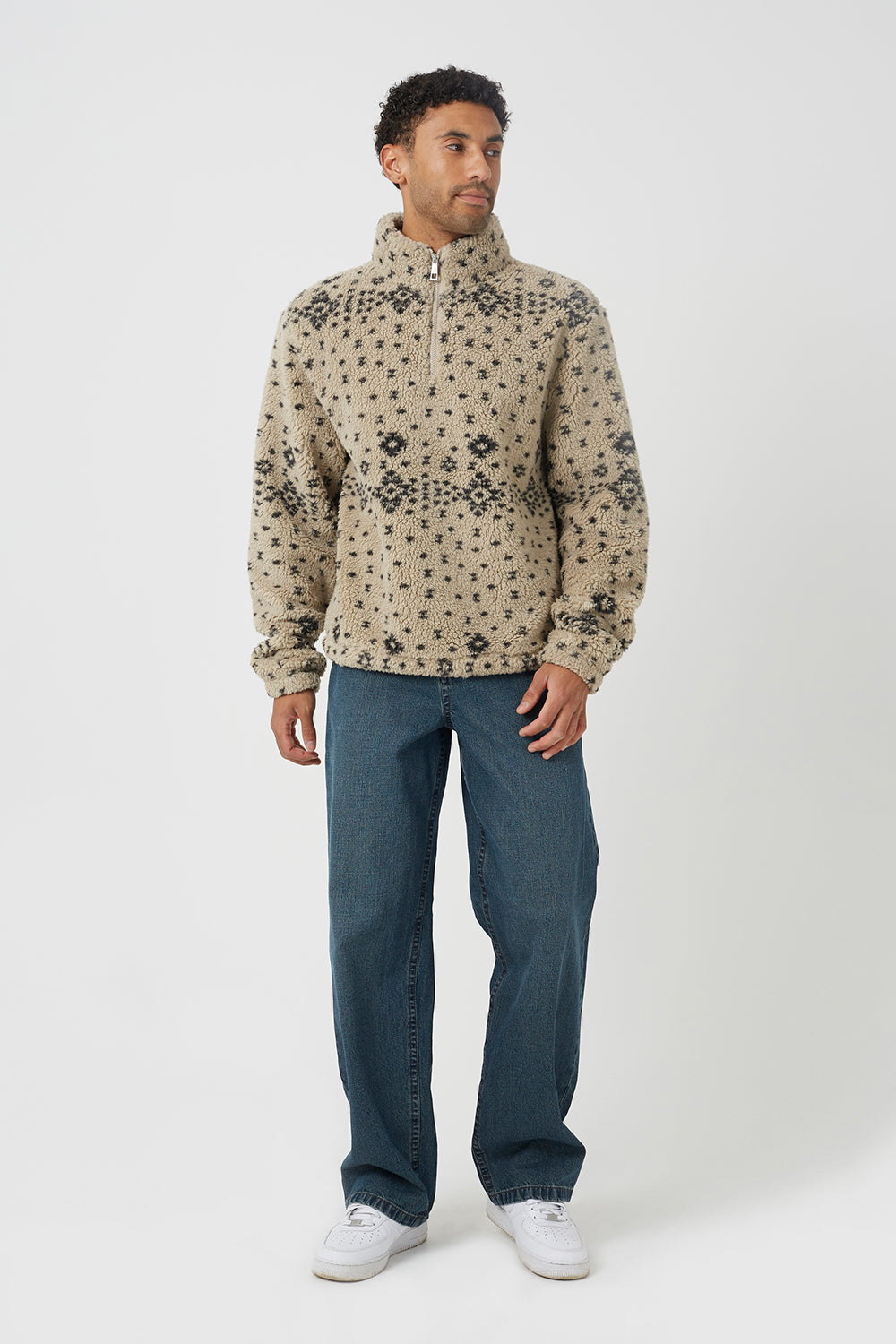 Brave Soul Beige Patterned Quarter Zip Borg Fleece - Beige Image 3