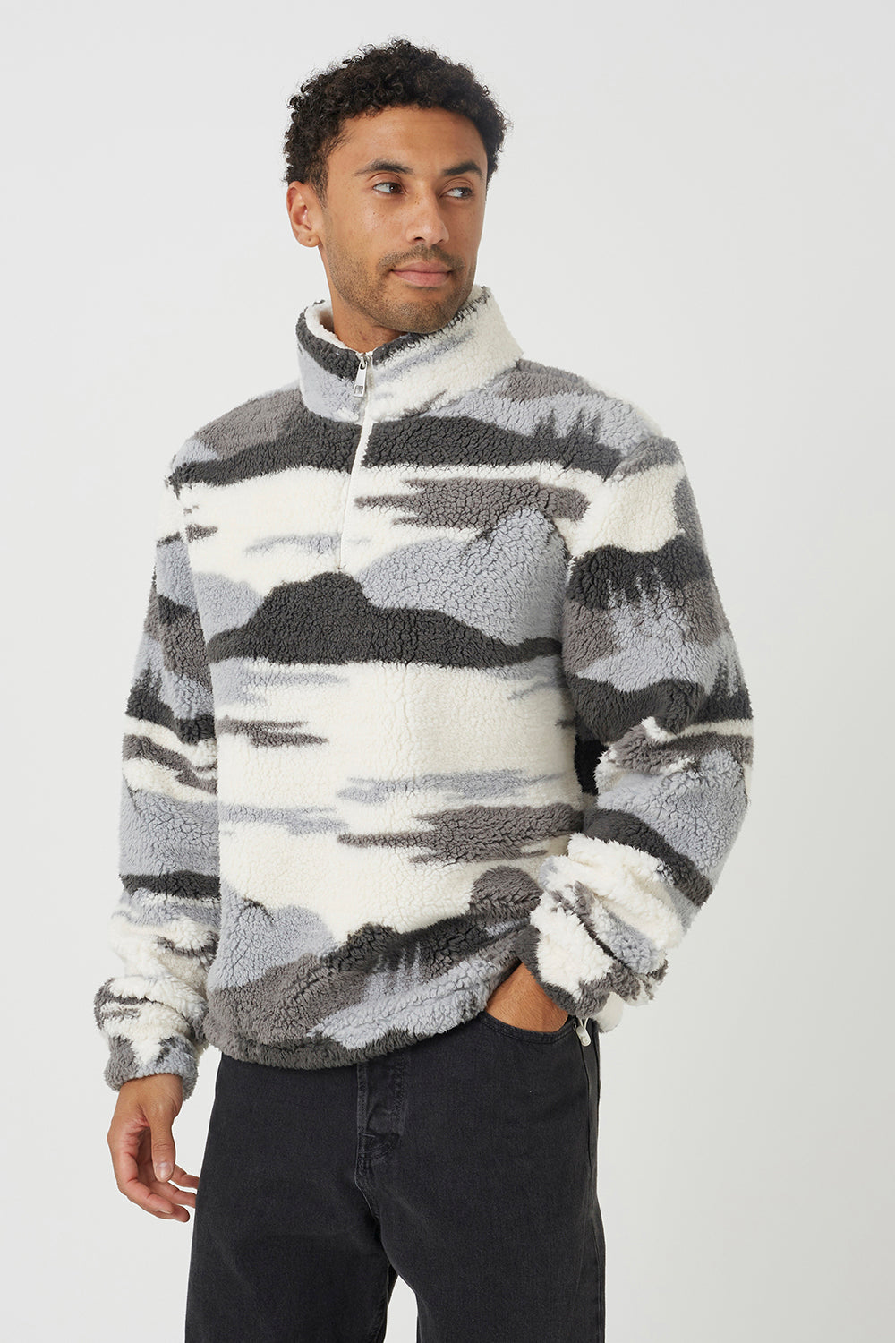 Brave Soul Grey Landscape Print Quarter Zip Borg Fleece - Grey Image 1