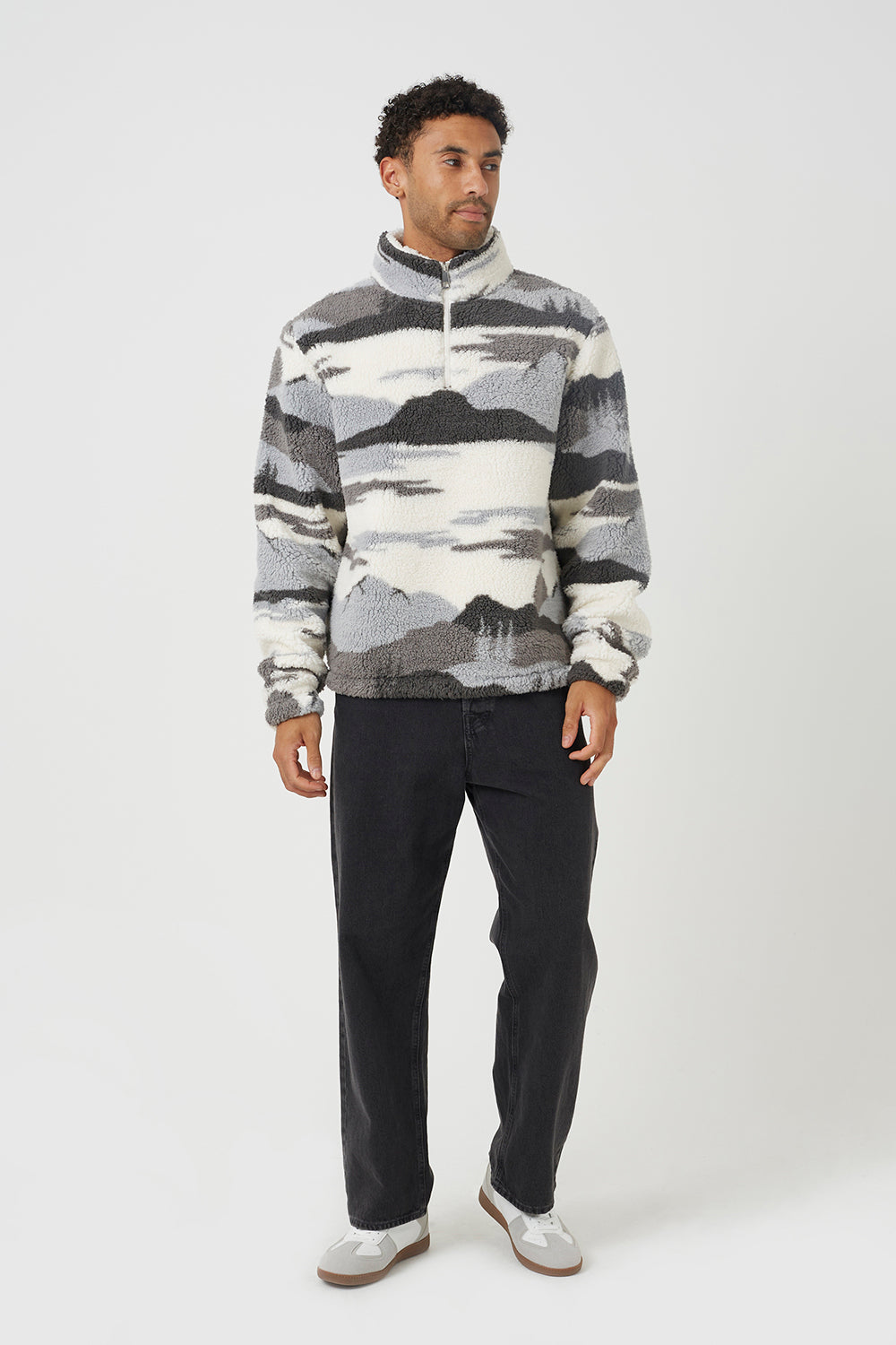 Brave Soul Grey Landscape Print Quarter Zip Borg Fleece - Grey Image 3