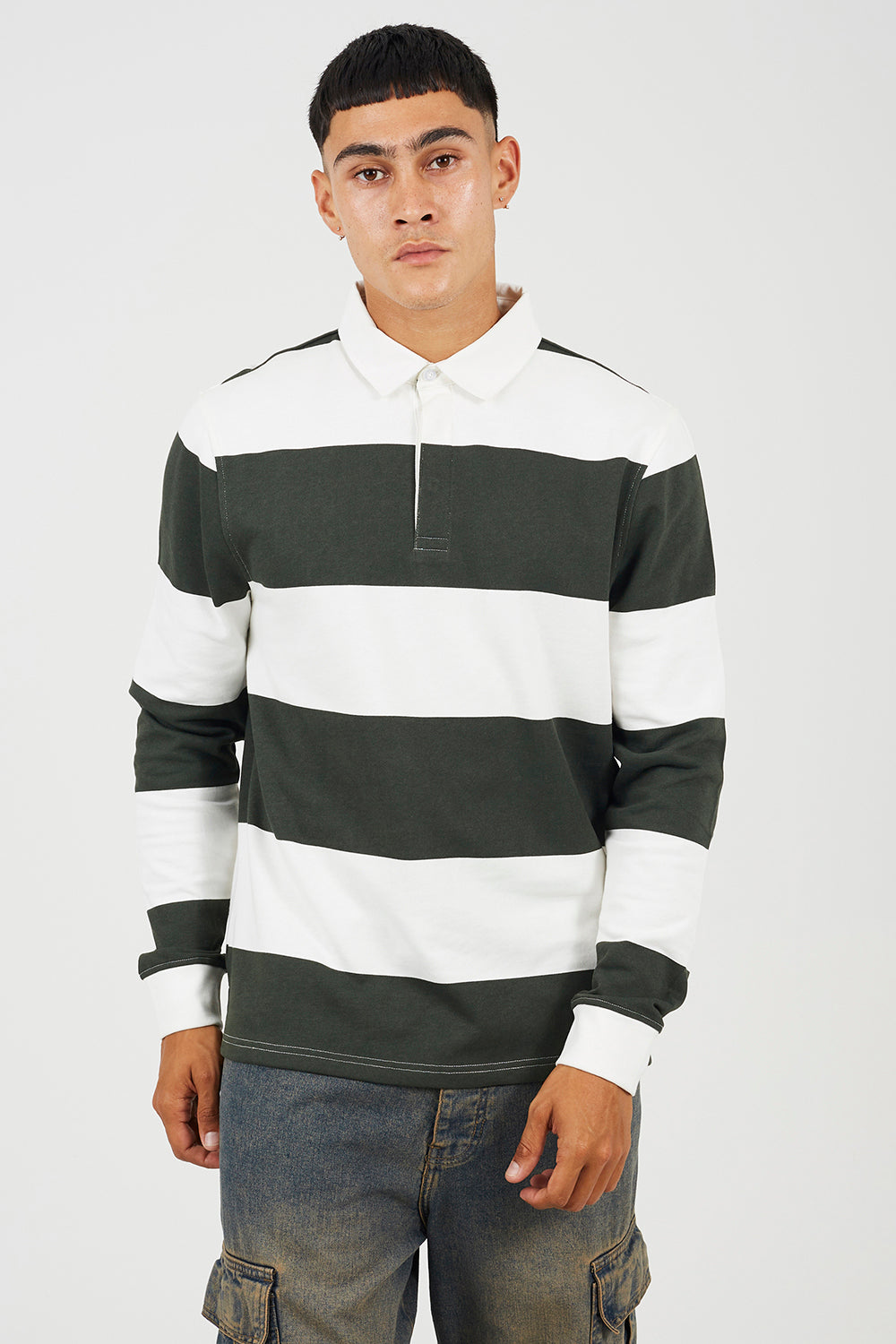 Brave Soul Green Long Sleeve Striped Rugby Shirt - Green Image 1