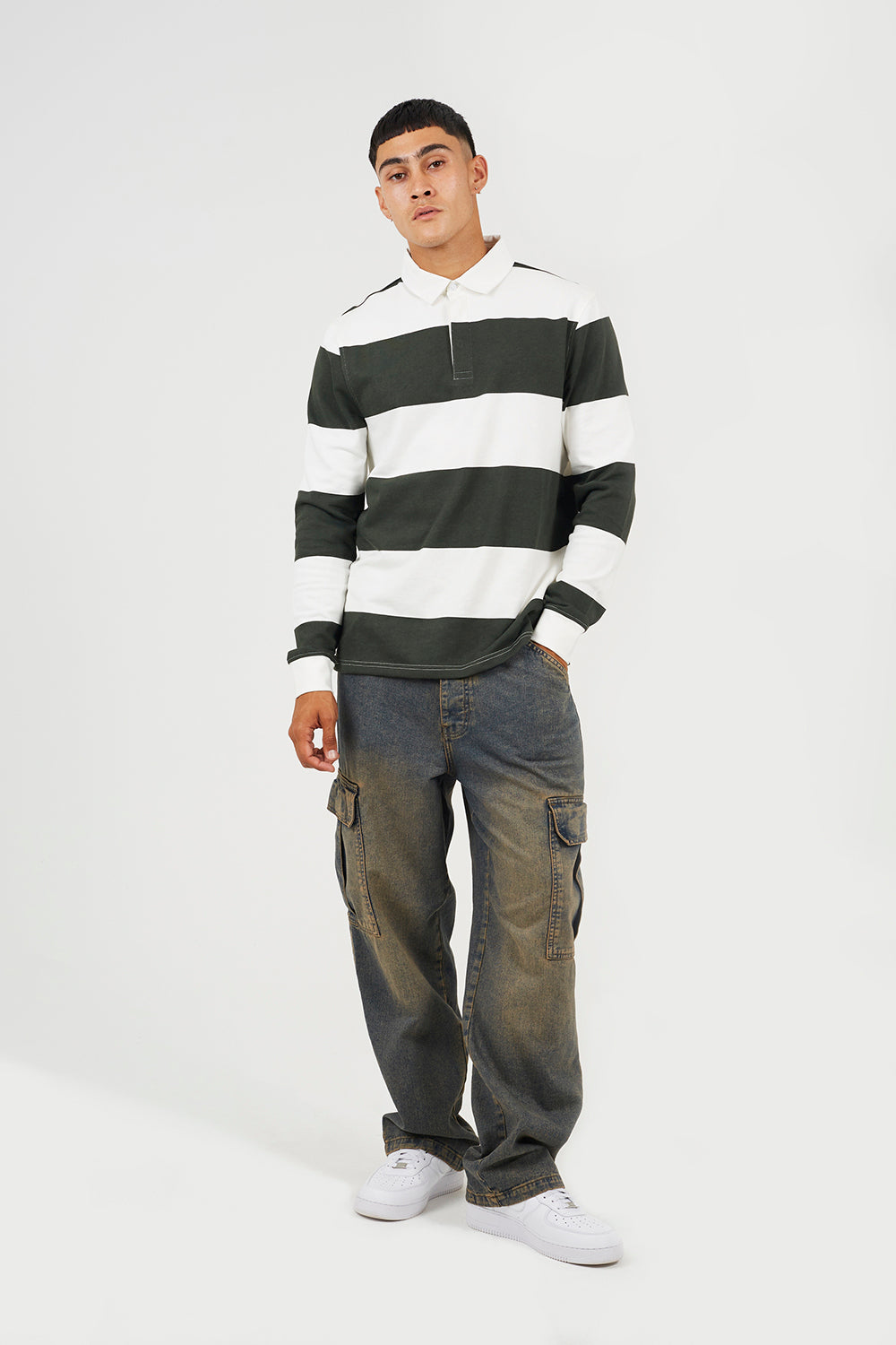 Brave Soul Green Long Sleeve Striped Rugby Shirt - Green Image 3