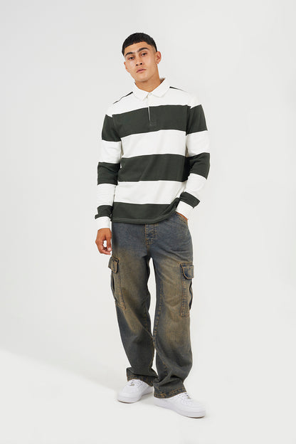 Brave Soul Green Long Sleeve Striped Rugby Shirt - Green Image 3