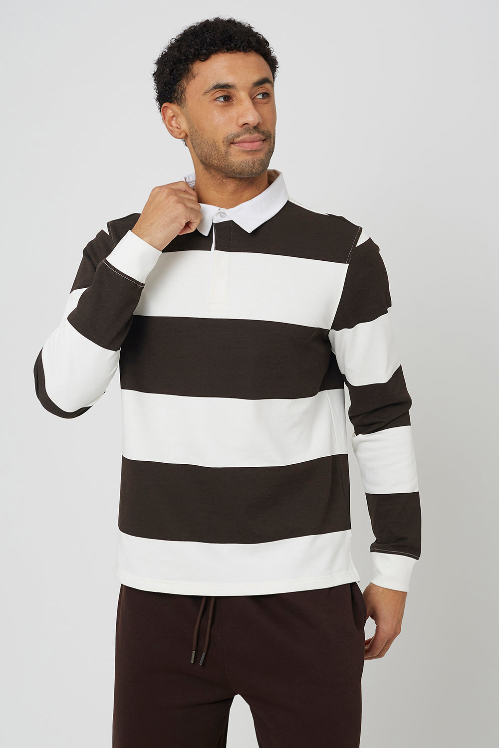 Brave Soul Brown Long Sleeve Striped Rugby Shirt - Brown Image 1