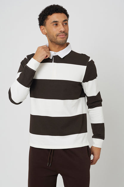 Brave Soul Brown Long Sleeve Striped Rugby Shirt - Brown Image 1