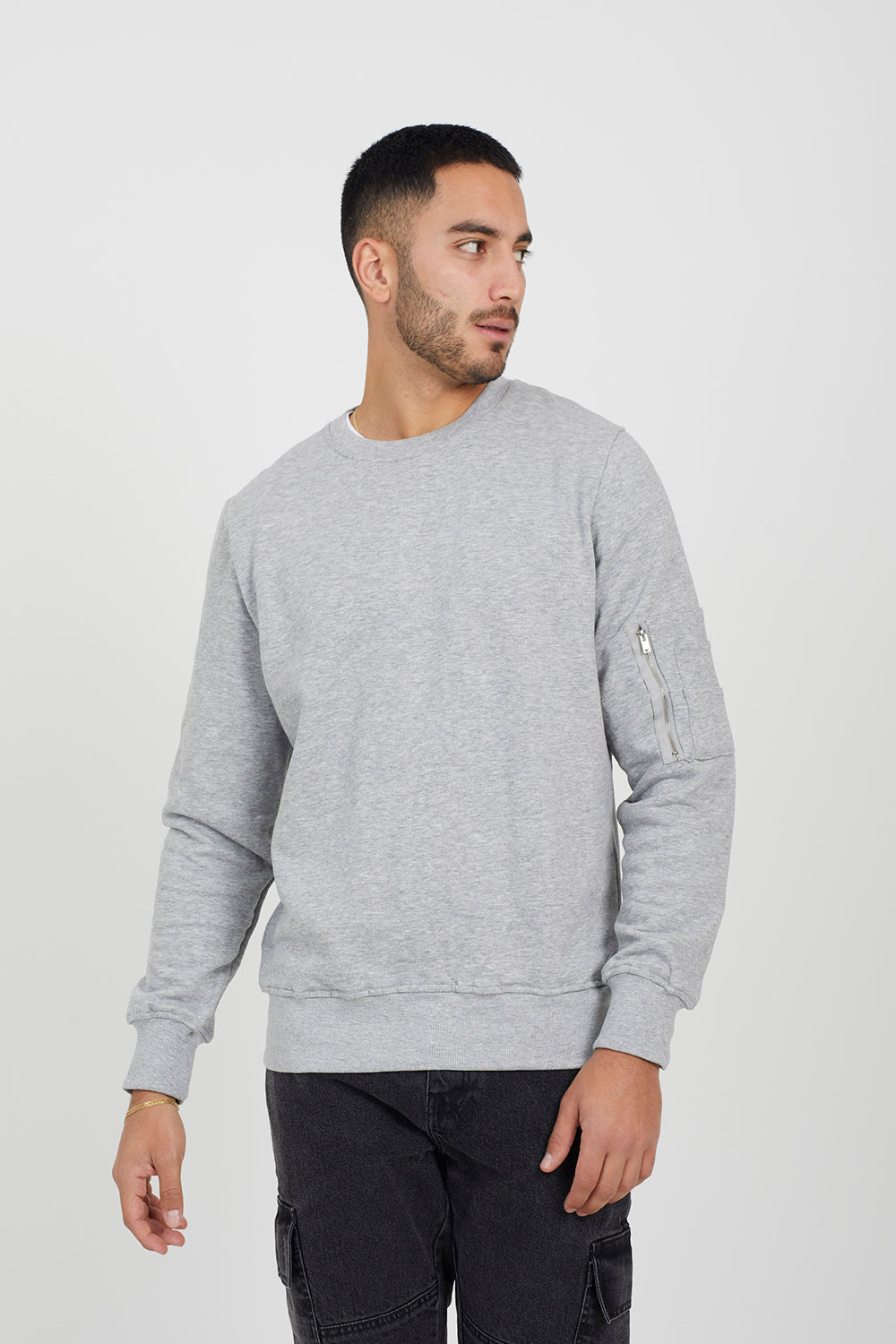 Brave Soul Light Grey Zip Pocket Sleeve Detail Sweatshirt - Light Grey Image 1