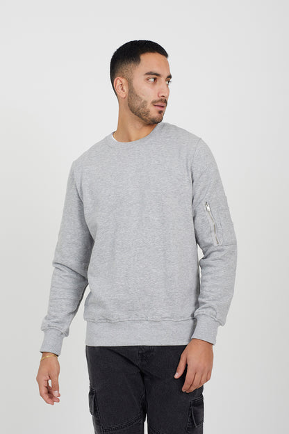 Brave Soul Light Grey Zip Pocket Sleeve Detail Sweatshirt - Light Grey Image 1
