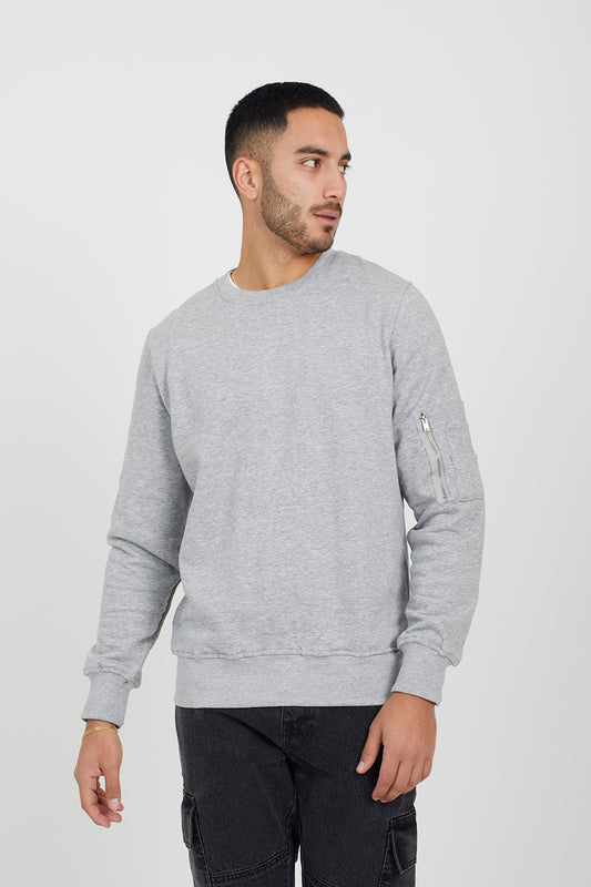 Brave Soul Light Grey Zip Pocket Sleeve Detail Sweatshirt - Light Grey Image 1