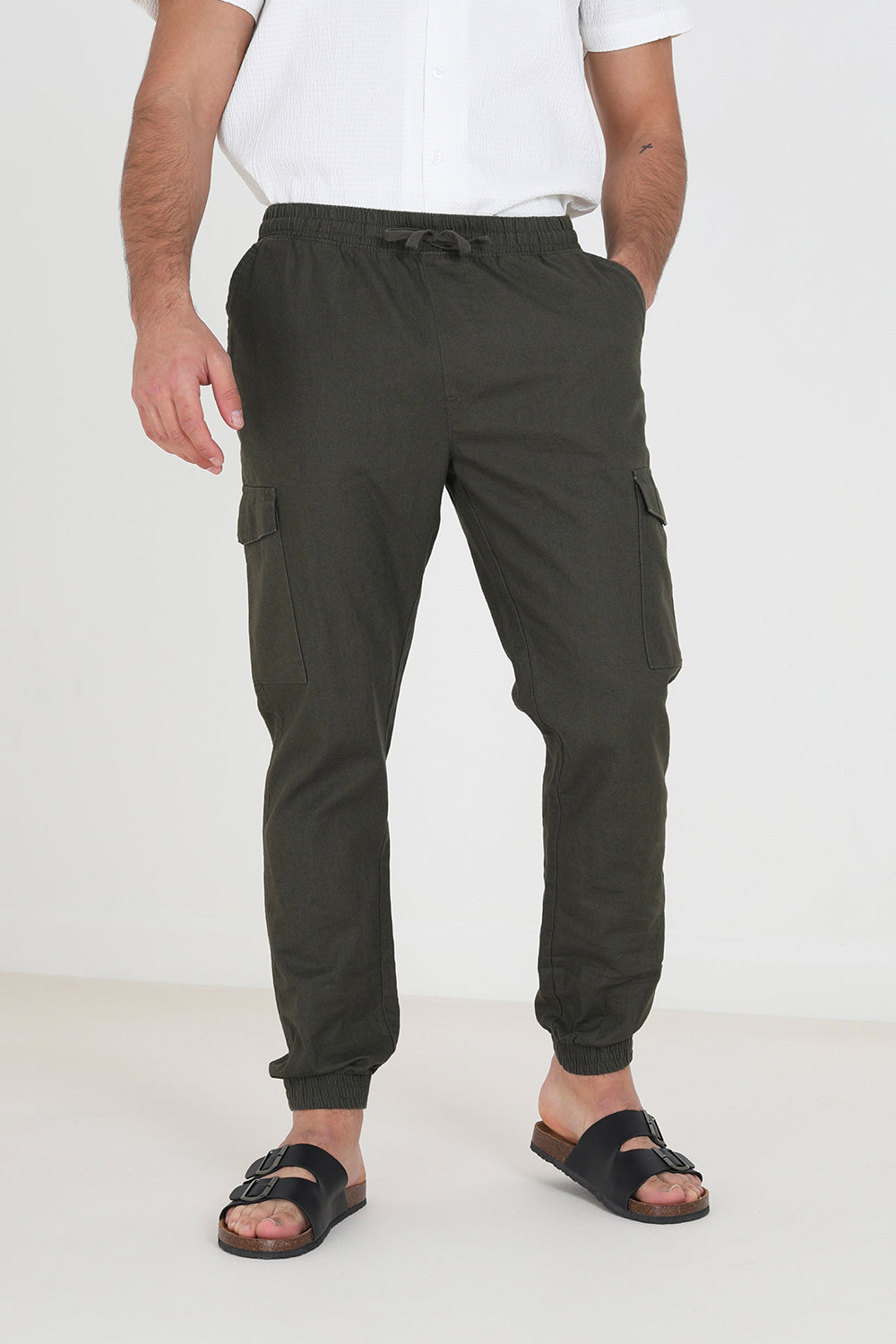 Brave Soul Khaki Cotton Linen Blend Cargo Trousers - Khaki Image 1