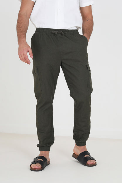 Brave Soul Khaki Cotton Linen Blend Cargo Trousers - Khaki Image 1