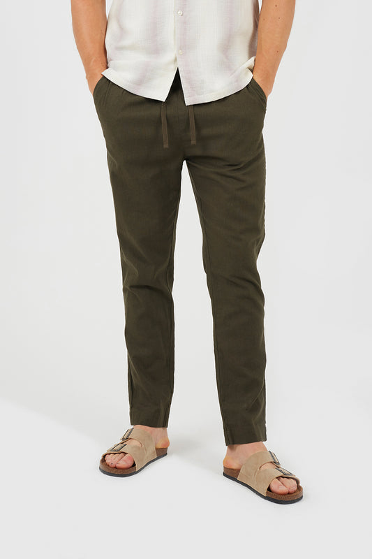 Brave Soul Khaki Relaxed Fit Linen Blend Trousers - Khaki Image 1