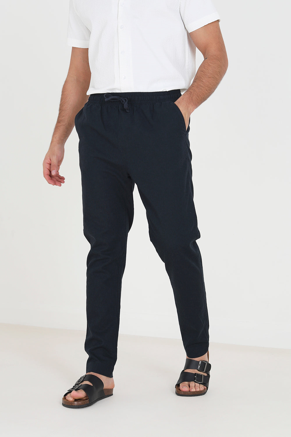 Brave Soul Navy Relaxed Fit Linen Blend Trousers - Navy Image 1