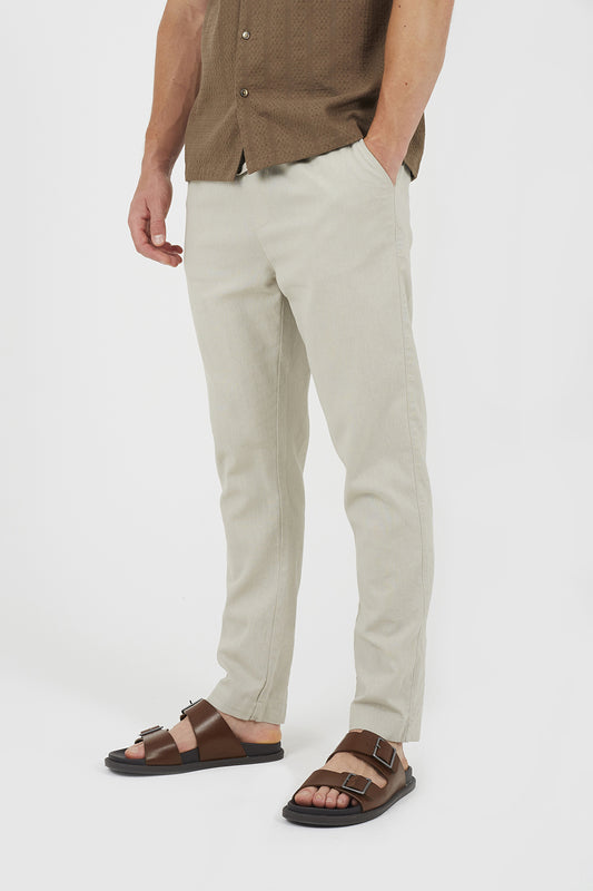 Brave Soul Light Stone Relaxed Fit Linen Blend Trousers - Light Stone Image 1