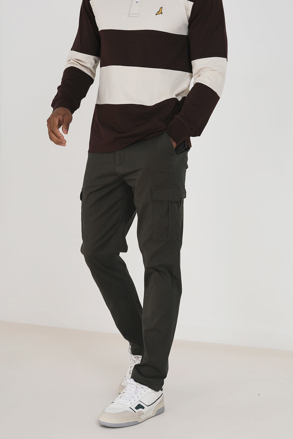 Brave Soul Khaki Cotton Twill Cargo Style Chino Trousers - Khaki Image 1
