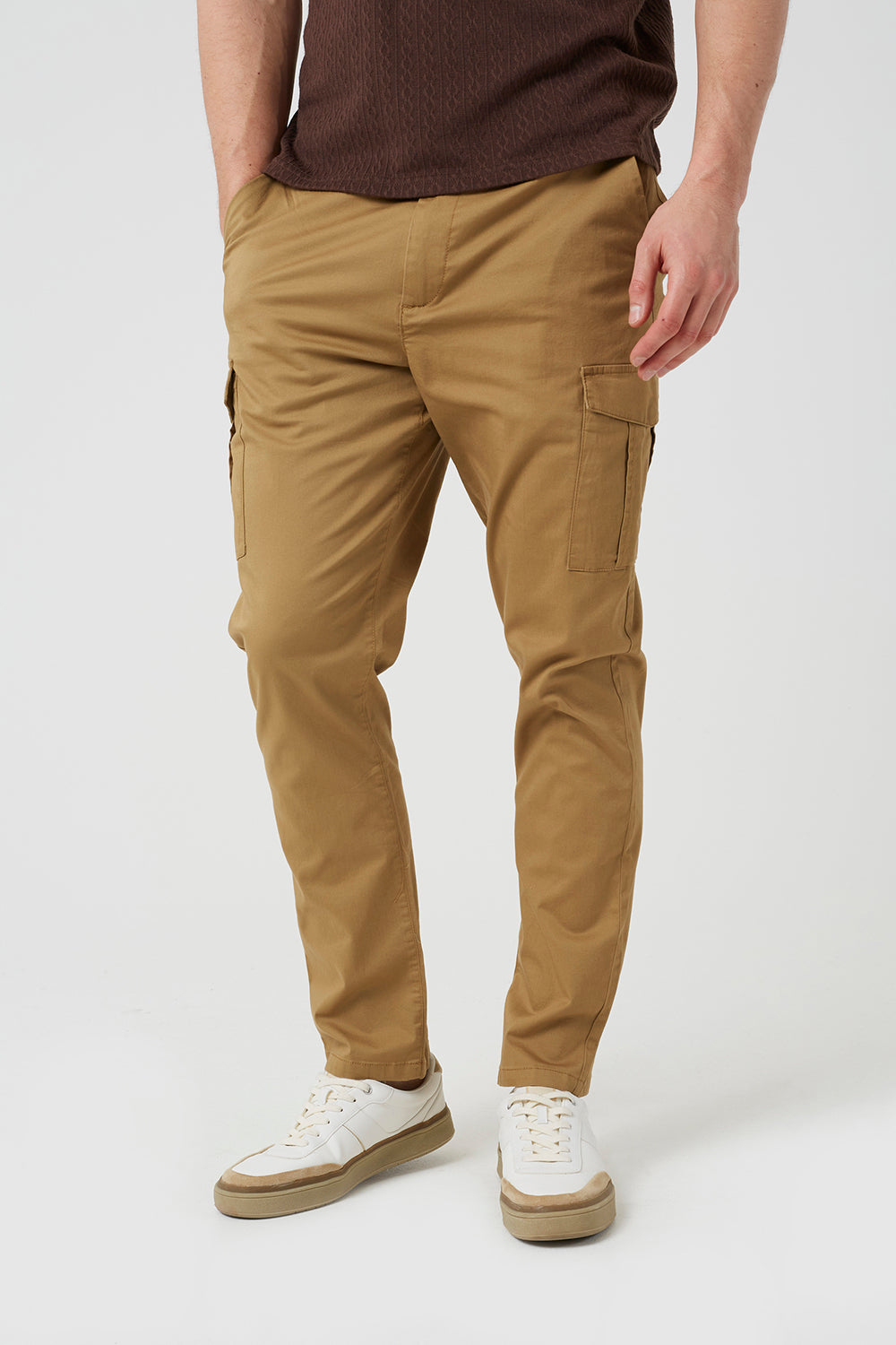 Brave Soul Stone Cotton Twill Cargo Style Chino Trousers - Stone Image 1