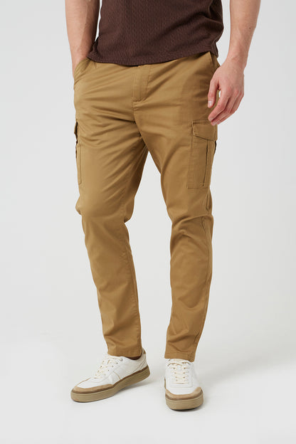 Brave Soul Stone Cotton Twill Cargo Style Chino Trousers - Stone Image 1