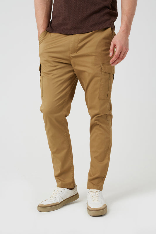 Brave Soul Stone Cotton Twill Cargo Style Chino Trousers - Stone Image 1