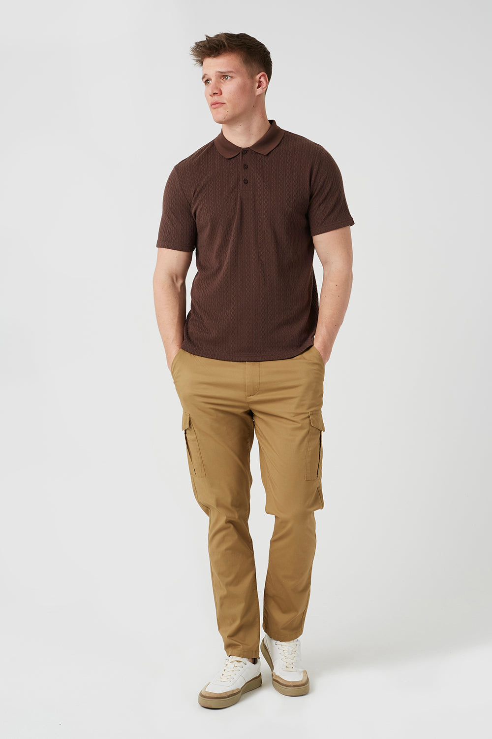 Brave Soul Stone Cotton Twill Cargo Style Chino Trousers - Stone Image 3
