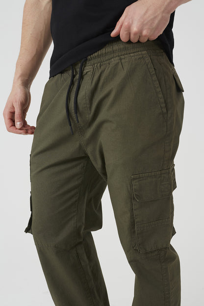 Brave Soul Khaki Cotton Cargo Trousers With Bungee Hem - Khaki Image 4