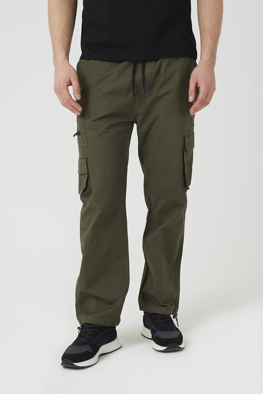 Brave Soul Khaki Cotton Cargo Trousers With Bungee Hem - Khaki Image 1