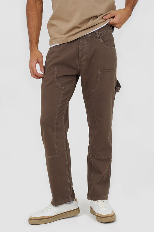 Brave Soul Brown Cotton Slim Leg Carpenter Style Trousers - Brown Image 1