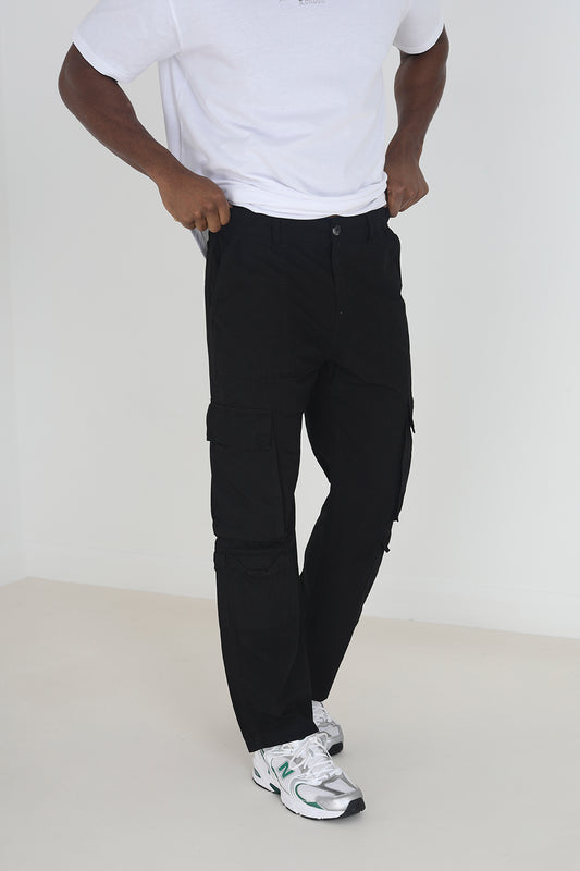 Brave Soul Black Cotton Poplin Loose Fit Cargo Trousers - Black Image 1