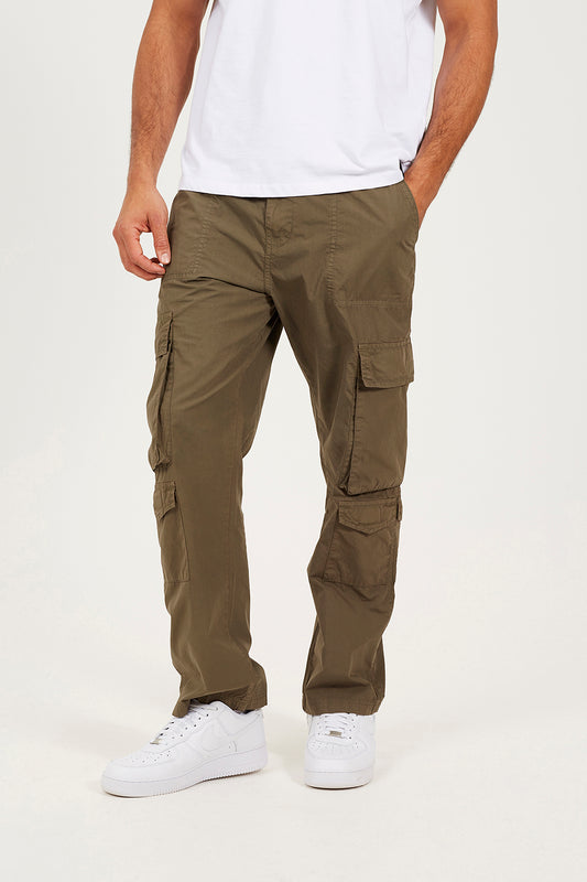 Brave Soul Khaki Cotton Poplin Loose Fit Cargo Trousers - Khaki Image 1
