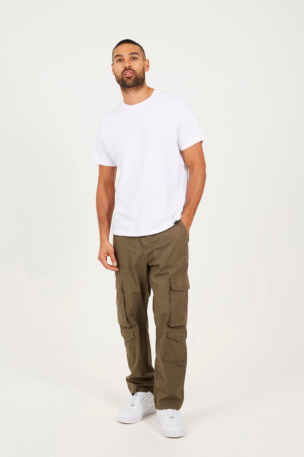 Brave Soul Khaki Cotton Poplin Loose Fit Cargo Trousers - Khaki Image 3