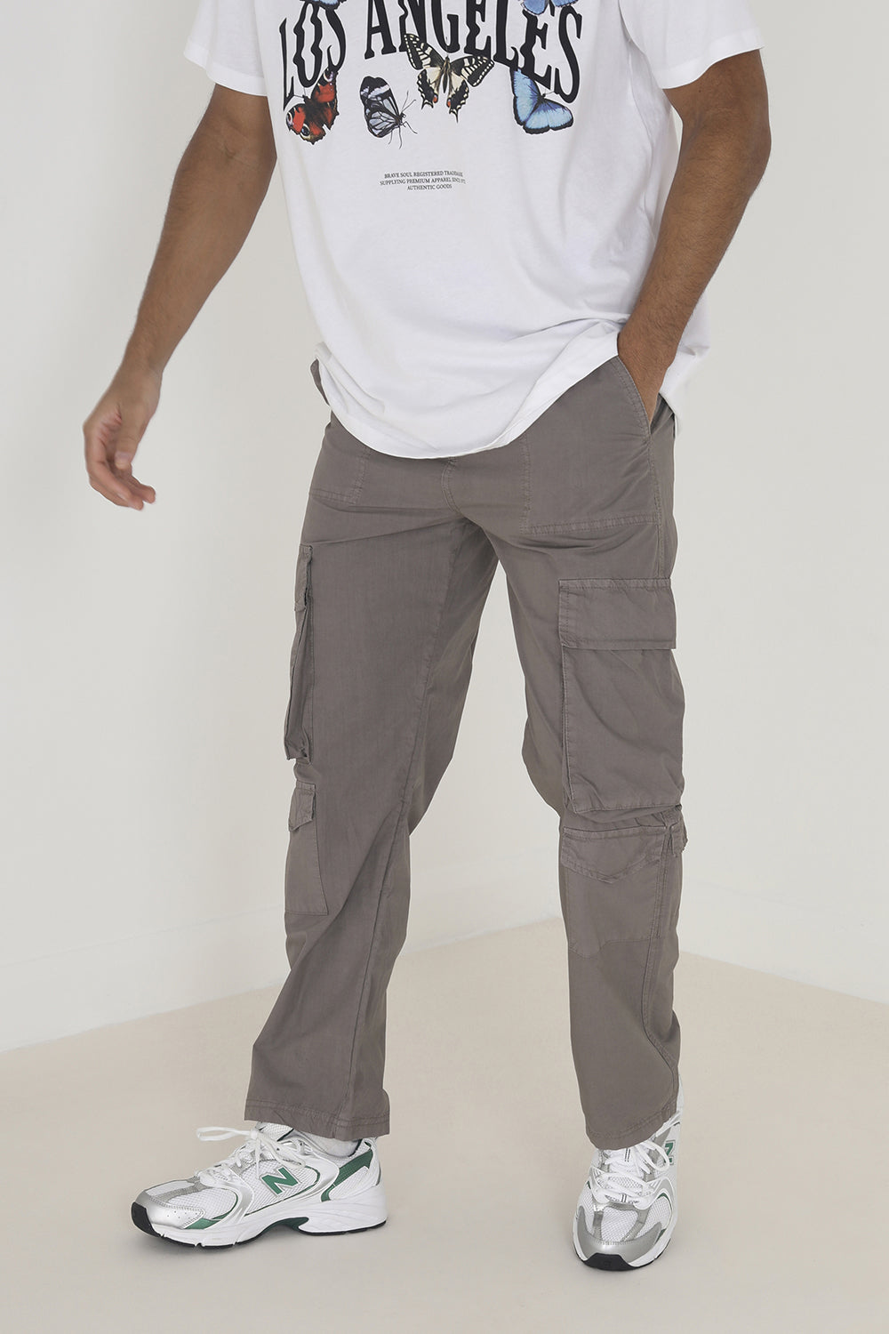 Brave Soul Taupe Cotton Poplin Loose Fit Cargo Trousers - Taupe Image 1