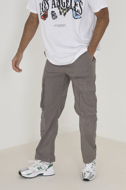 Brave Soul Taupe Cotton Poplin Loose Fit Cargo Trousers - Taupe Image 1