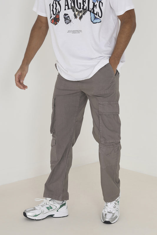 Brave Soul Taupe Cotton Poplin Loose Fit Cargo Trousers - Taupe Image 1