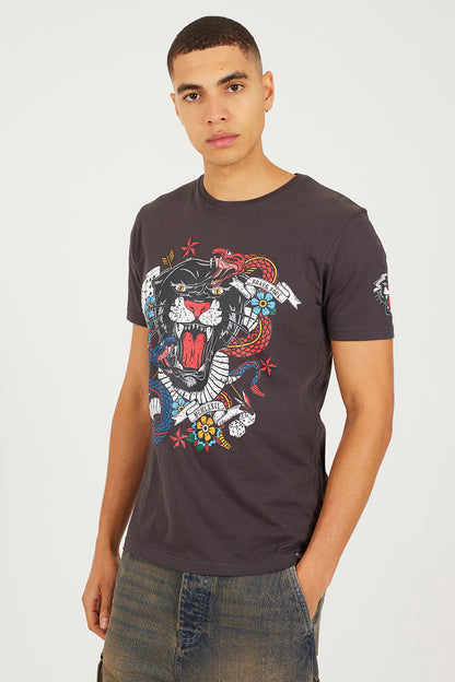 Brave Soul Charcoal Cotton Crew Neck Graphic T-Shirt - Charcoal Image 1