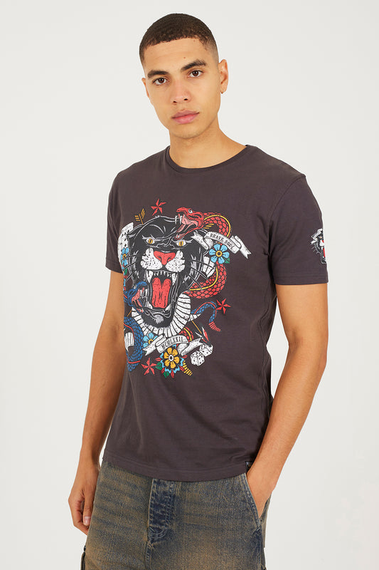 Brave Soul Charcoal Cotton Crew Neck Graphic T-Shirt - Charcoal Image 1