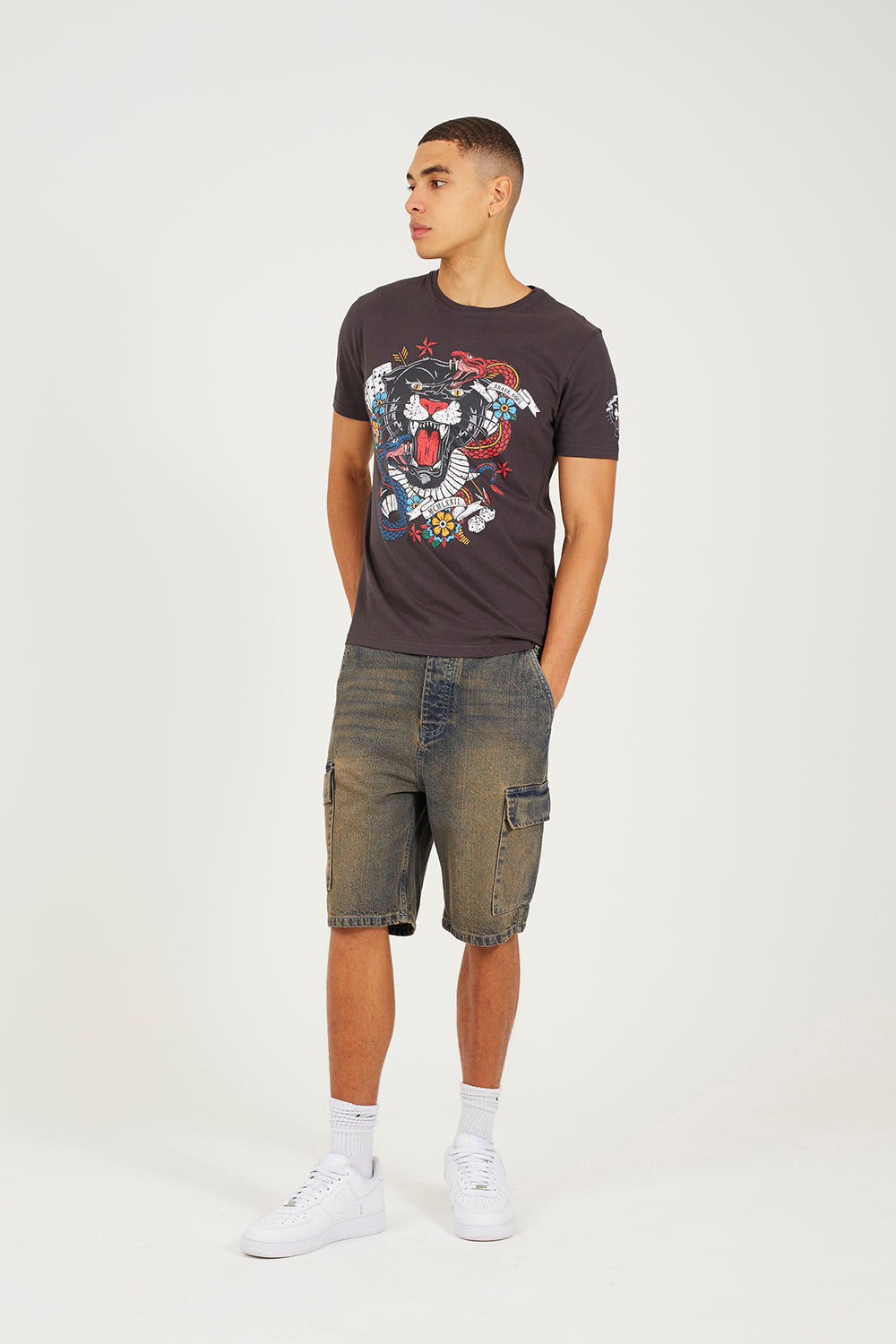 Brave Soul Charcoal Cotton Crew Neck Graphic T-Shirt - Charcoal Image 3