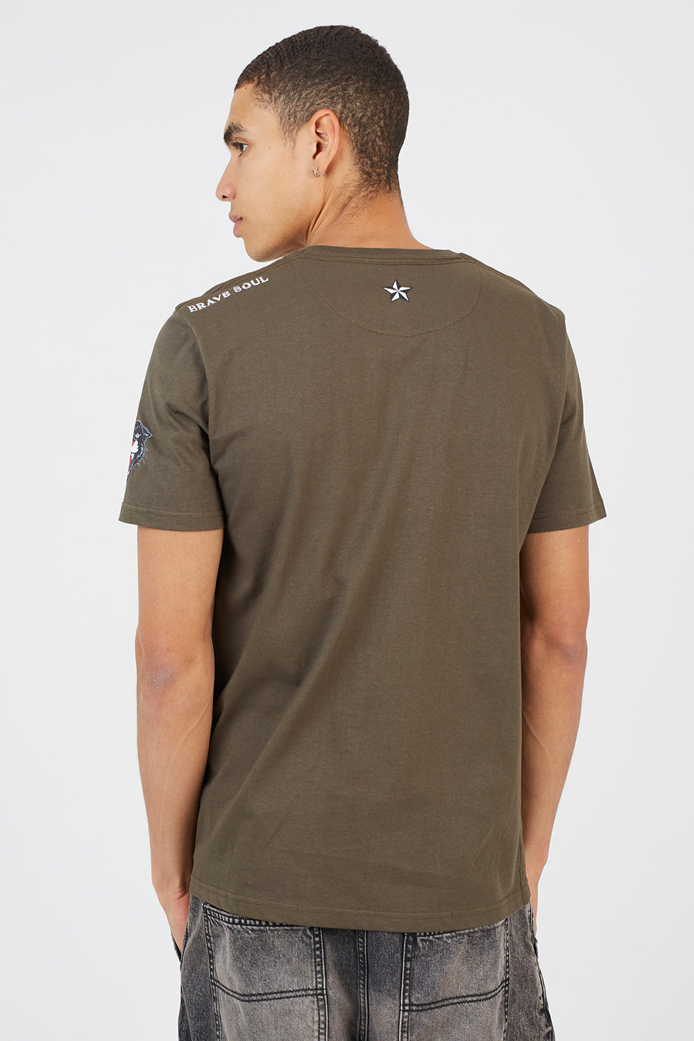 Brave Soul Khaki Cotton Crew Neck Graphic T-Shirt - Khaki Image 2