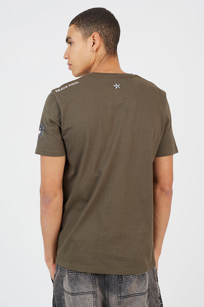Brave Soul Khaki Cotton Crew Neck Graphic T-Shirt - Khaki Image 2
