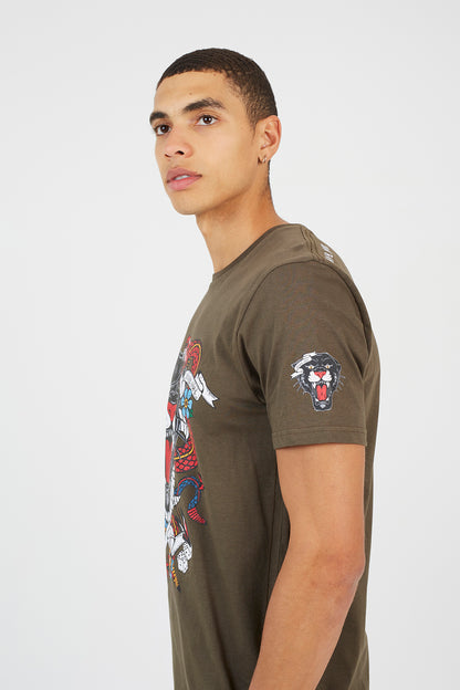 Brave Soul Khaki Cotton Crew Neck Graphic T-Shirt - Khaki Image 4