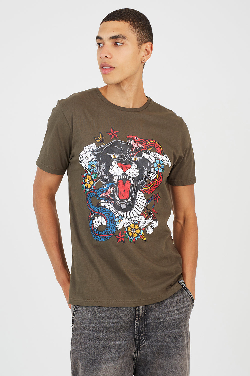 Brave Soul Khaki Cotton Crew Neck Graphic T-Shirt - Khaki Image 1