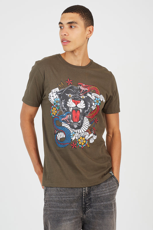 Brave Soul Khaki Cotton Crew Neck Graphic T-Shirt - Khaki Image 1