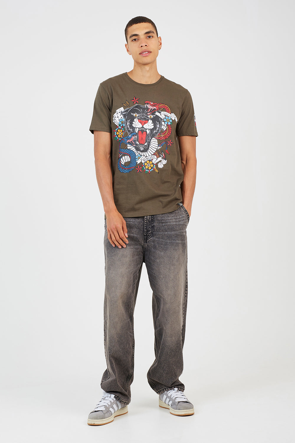 Brave Soul Khaki Cotton Crew Neck Graphic T-Shirt - Khaki Image 3