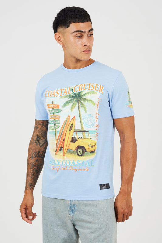 Brave Soul Blue Cotton Jersey Graphic T-Shirt - Blue Image 1