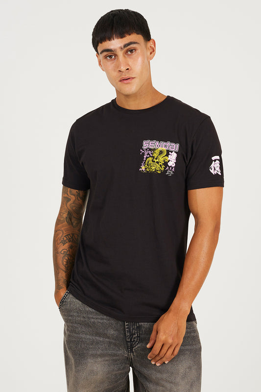 Brave Soul Black Cotton Crew Neck Graphic T-Shirt - Black Image 1