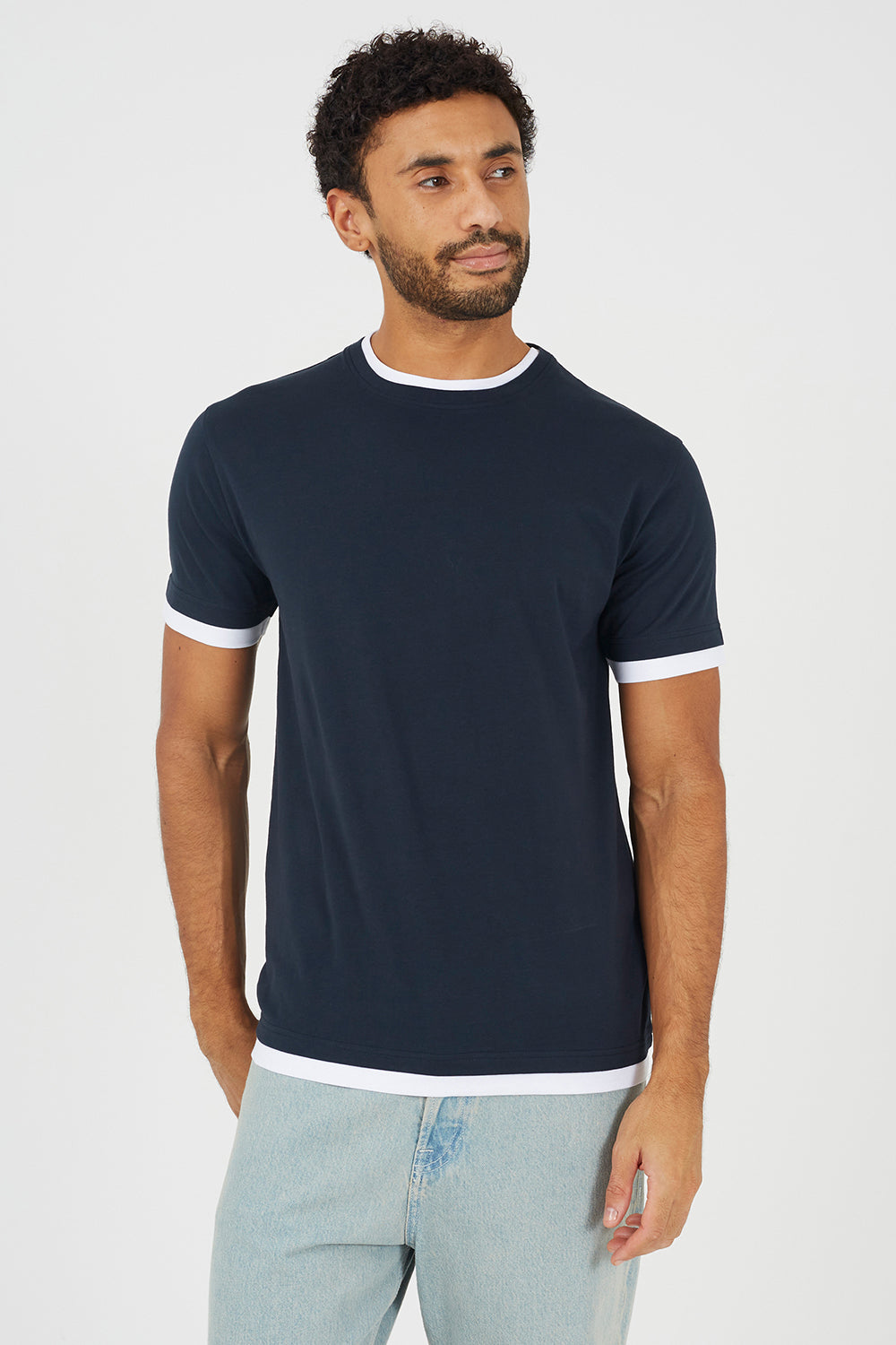 Brave Soul Dark Navy Cotton Contrast Trim T-Shirt - Dark Navy Image 1