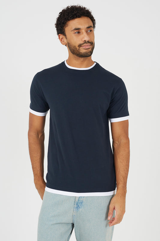 Brave Soul Dark Navy Cotton Contrast Trim T-Shirt - Dark Navy Image 1