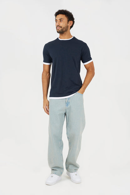 Brave Soul Dark Navy Cotton Contrast Trim T-Shirt - Dark Navy Image 3