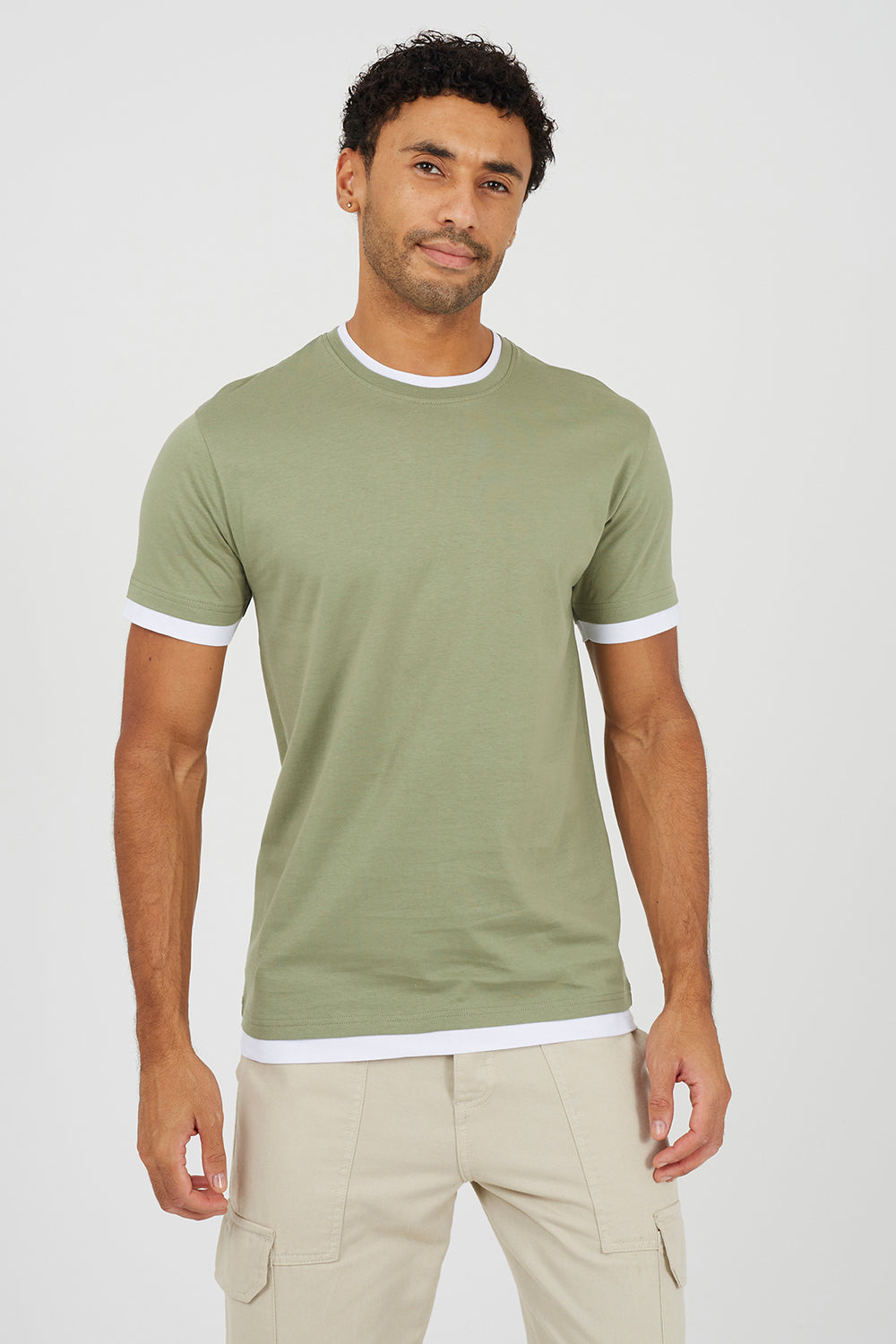 Brave Soul Pale Green Cotton Contrast Trim T-Shirt - Pale Green Image 1