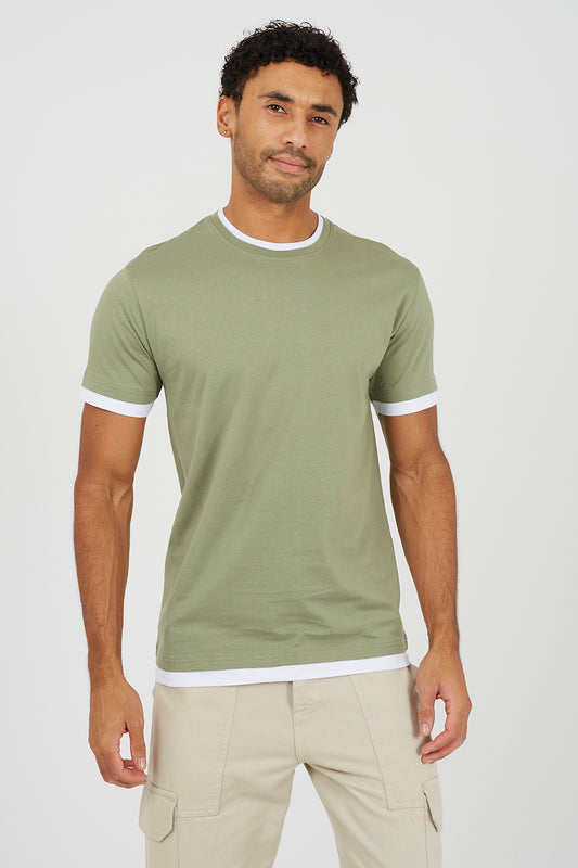 Brave Soul Pale Green Cotton Contrast Trim T-Shirt - Pale Green Image 1
