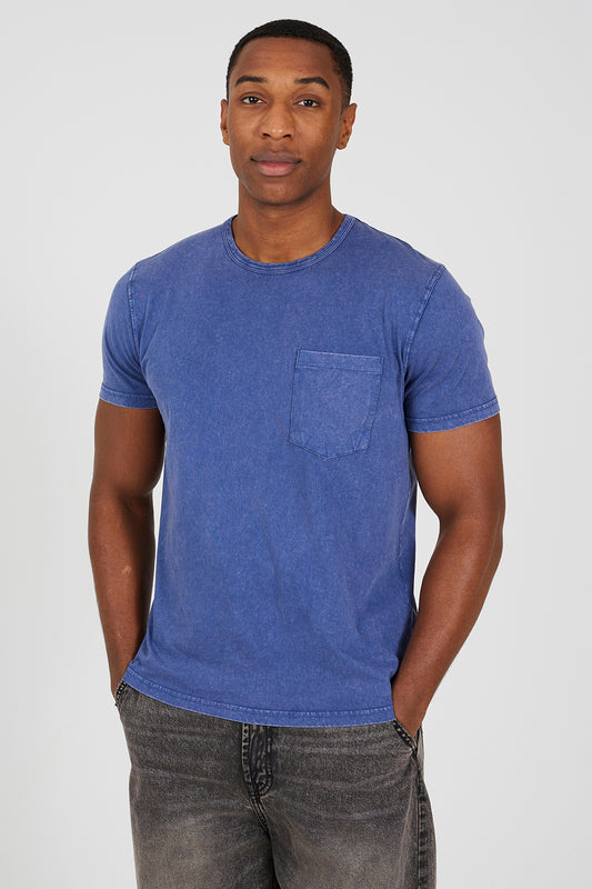Brave Soul Blue Acid Wash Patch Pocket T-Shirt - Blue Image 1