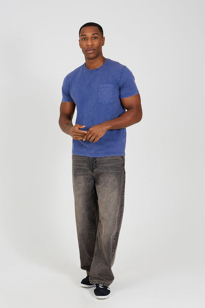 Brave Soul Blue Acid Wash Patch Pocket T-Shirt - Blue Image 3